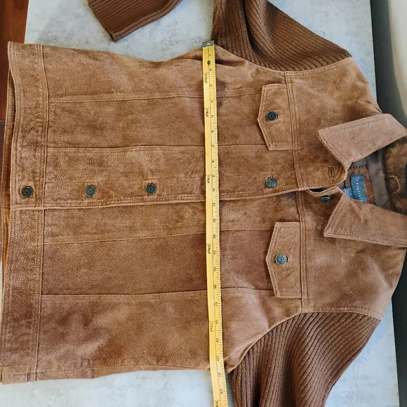 Relativity Brown Suede Leather Trucker Jacket Ribbed Knit Sleeves Size Large - Picture 11 of 11